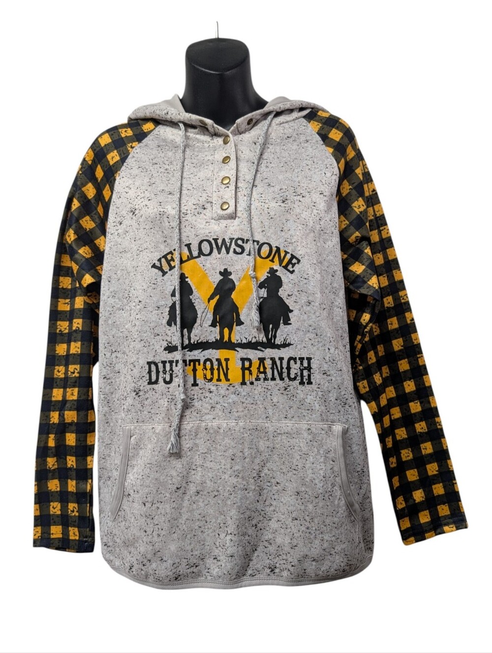 Yellowstone Dutton Ranch Hoodie Small Plaid Sleeve Gray Henley Pullover
